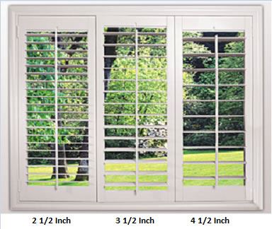 Our interior shutters come with different louver sizes—2.5 inches, 3.5 inches, and 4.5 inches.