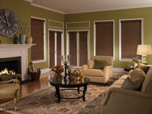 living room with faux wood blinds