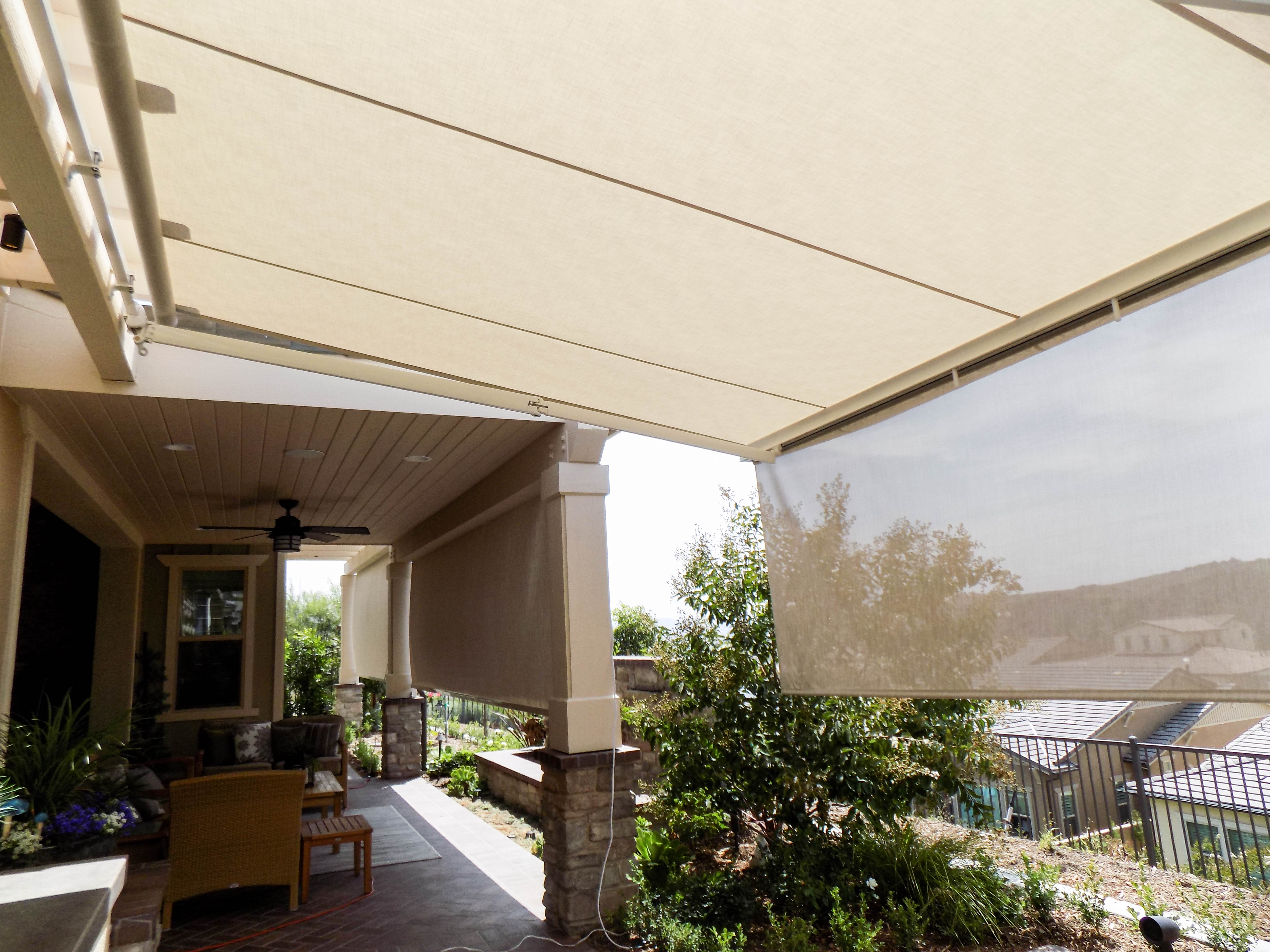 Retractable Awning with a Drop Valence and two Motorized Power Screens